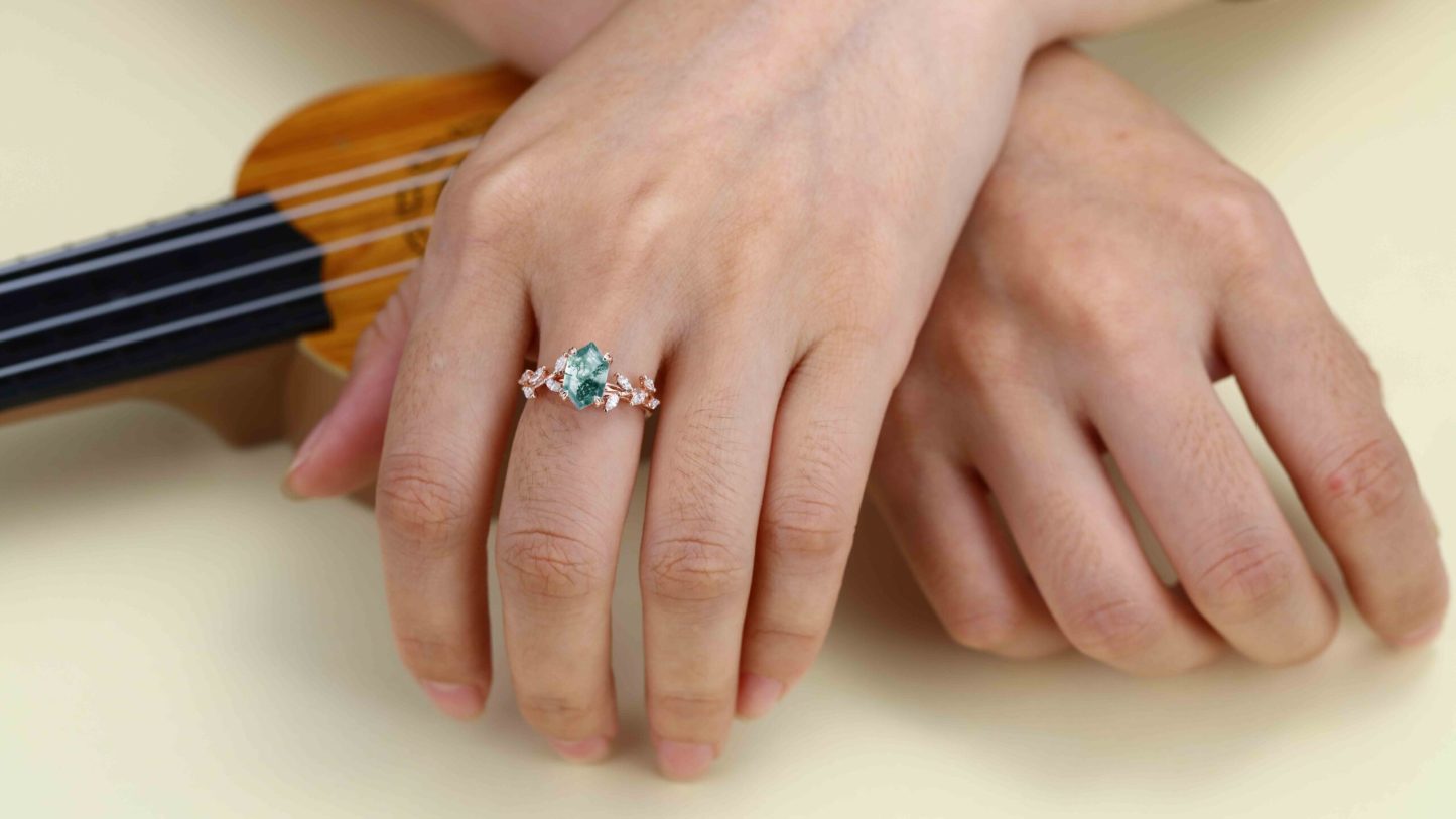 Unique Hexagon Cut Nature Inspired Moss Agate Ring Marquise Diamond in 14K Gold Branch Design