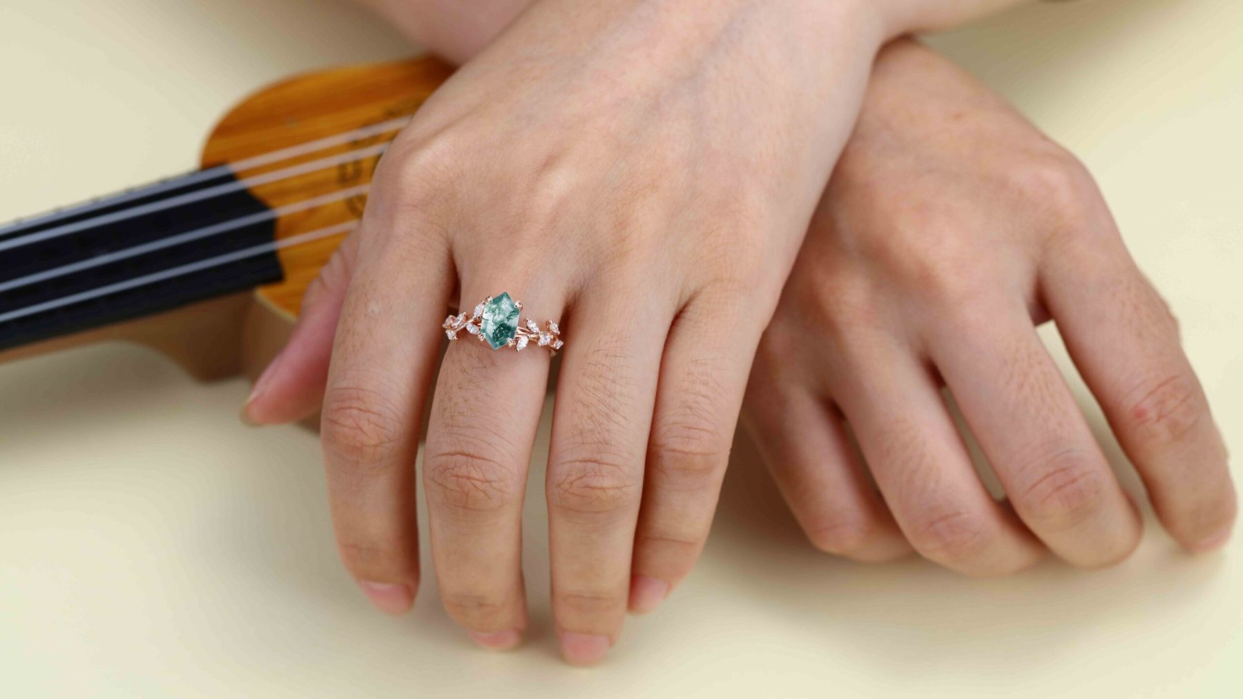 Unique Hexagon Cut Nature Inspired Moss Agate Ring Marquise Diamond in 14K Gold Branch Design