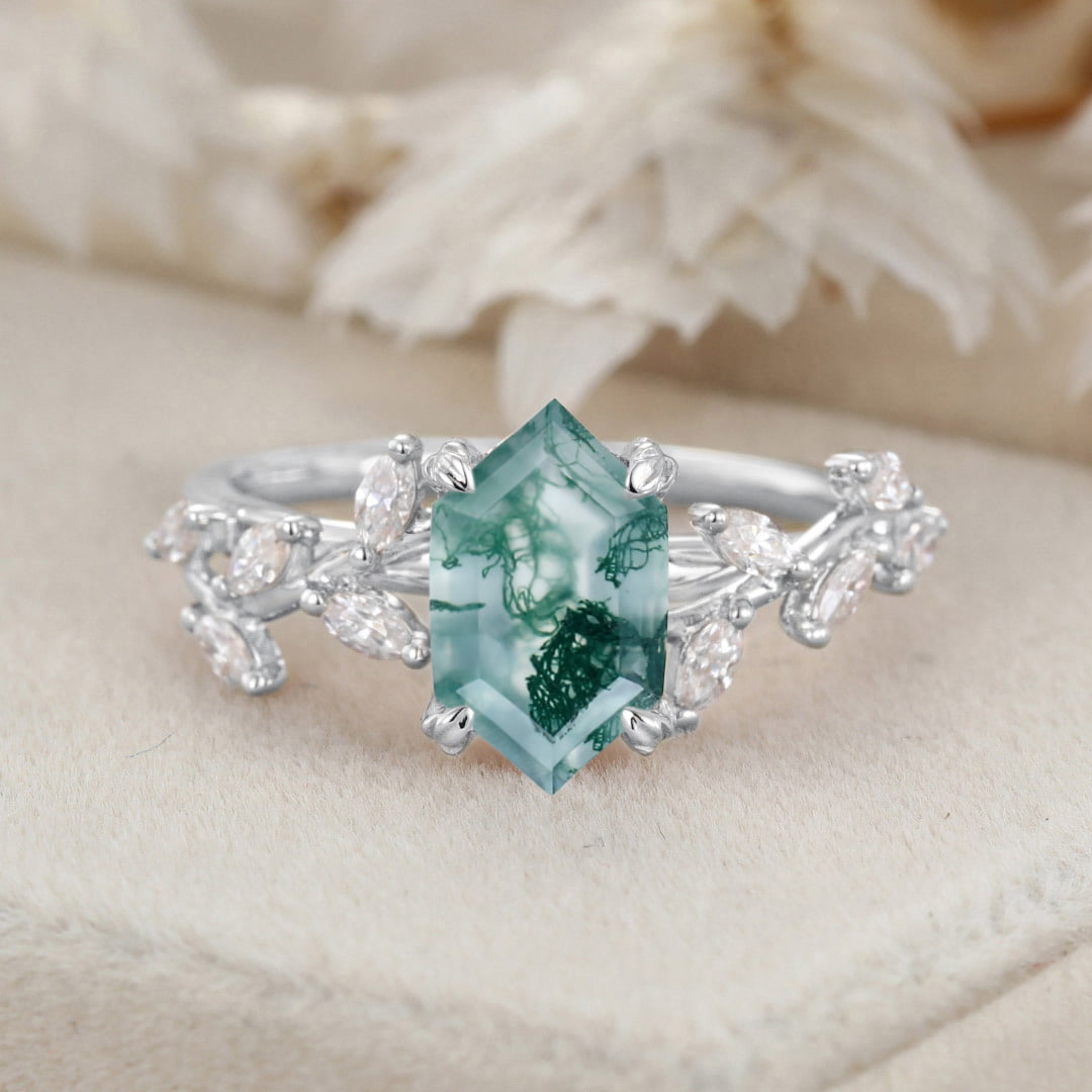 Unique Hexagon Cut Nature Inspired Moss Agate Ring Marquise Diamond in 14K Gold Branch Design