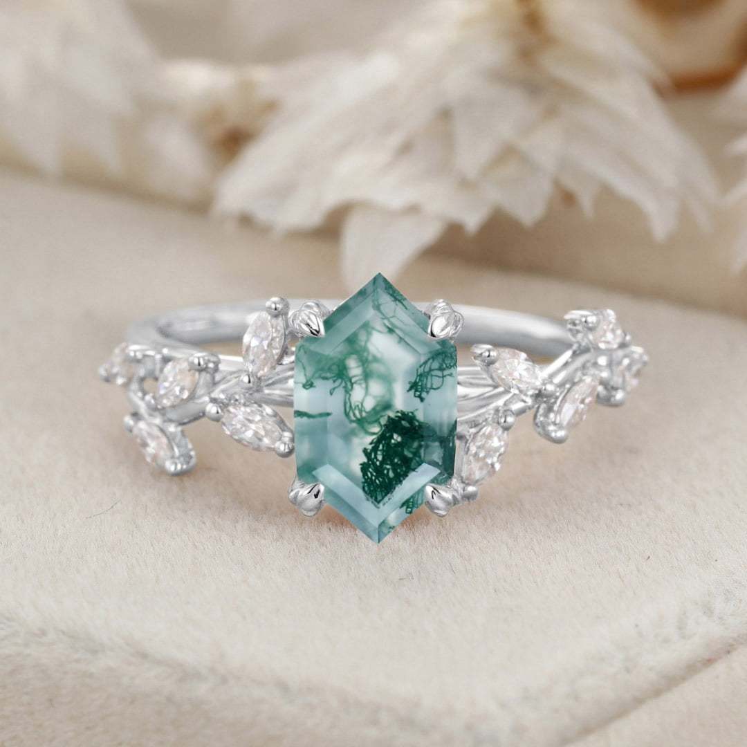 Unique Hexagon Cut Nature Inspired Moss Agate Ring Marquise Diamond in 14K Gold Branch Design