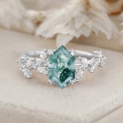 Unique Hexagon Cut Nature Inspired Moss Agate Ring Marquise Diamond in 14K Gold Branch Design
