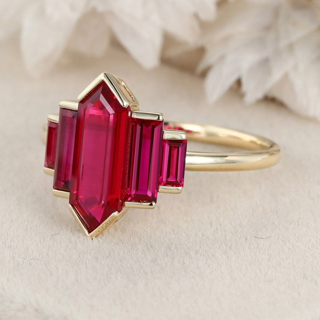 Unique Hexagon Lab Ruby engagement ring Cluster baguette engagement ring 14K Yellow gold ring Bezel Set art deco ring Promise Anniversary gift