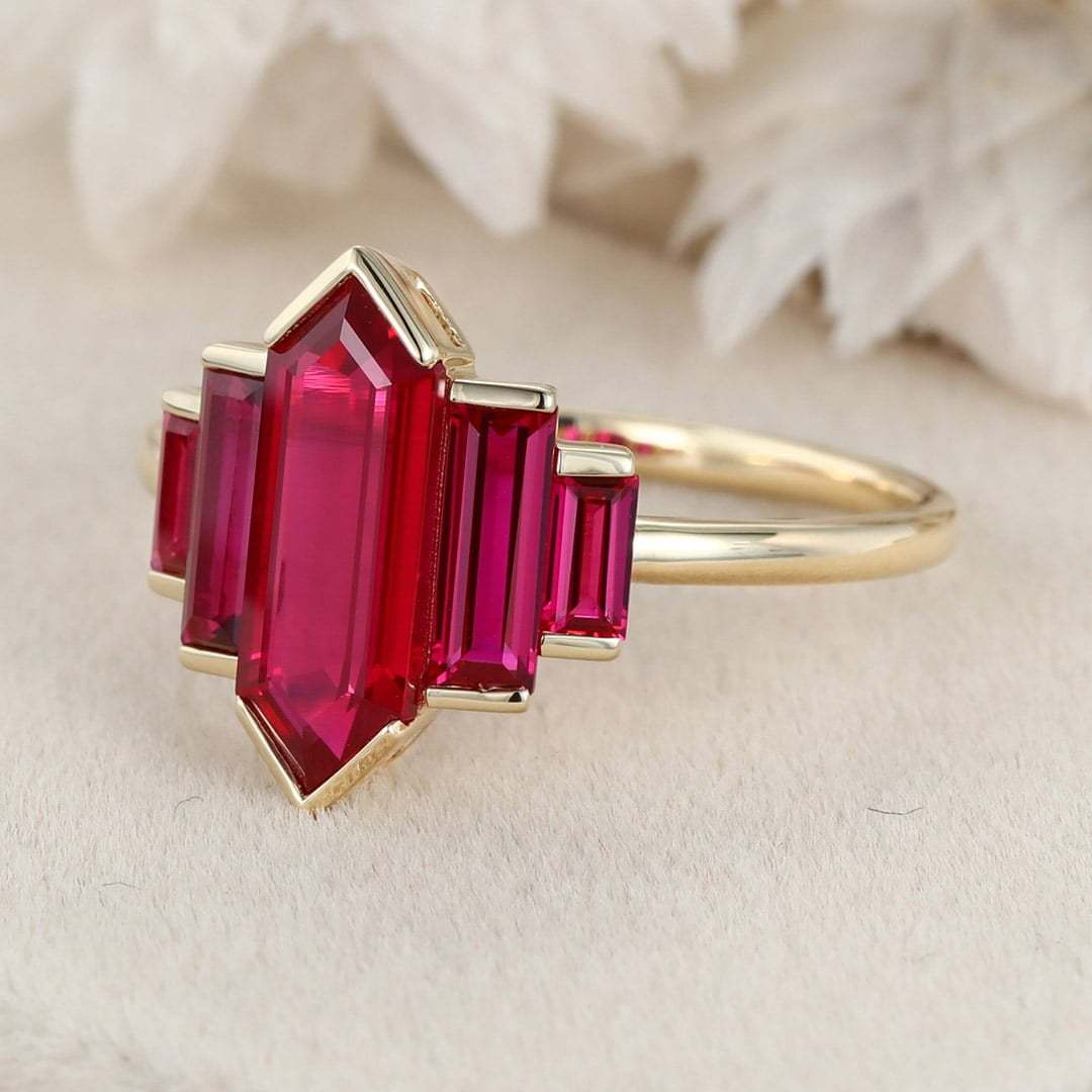 Unique Hexagon Lab Ruby engagement ring Cluster baguette engagement ring 14K Yellow gold ring Bezel Set art deco ring Promise Anniversary gift