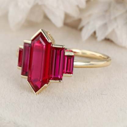 Unique Hexagon Lab Ruby engagement ring Cluster baguette engagement ring 14K Yellow gold ring Bezel Set art deco ring Promise Anniversary gift