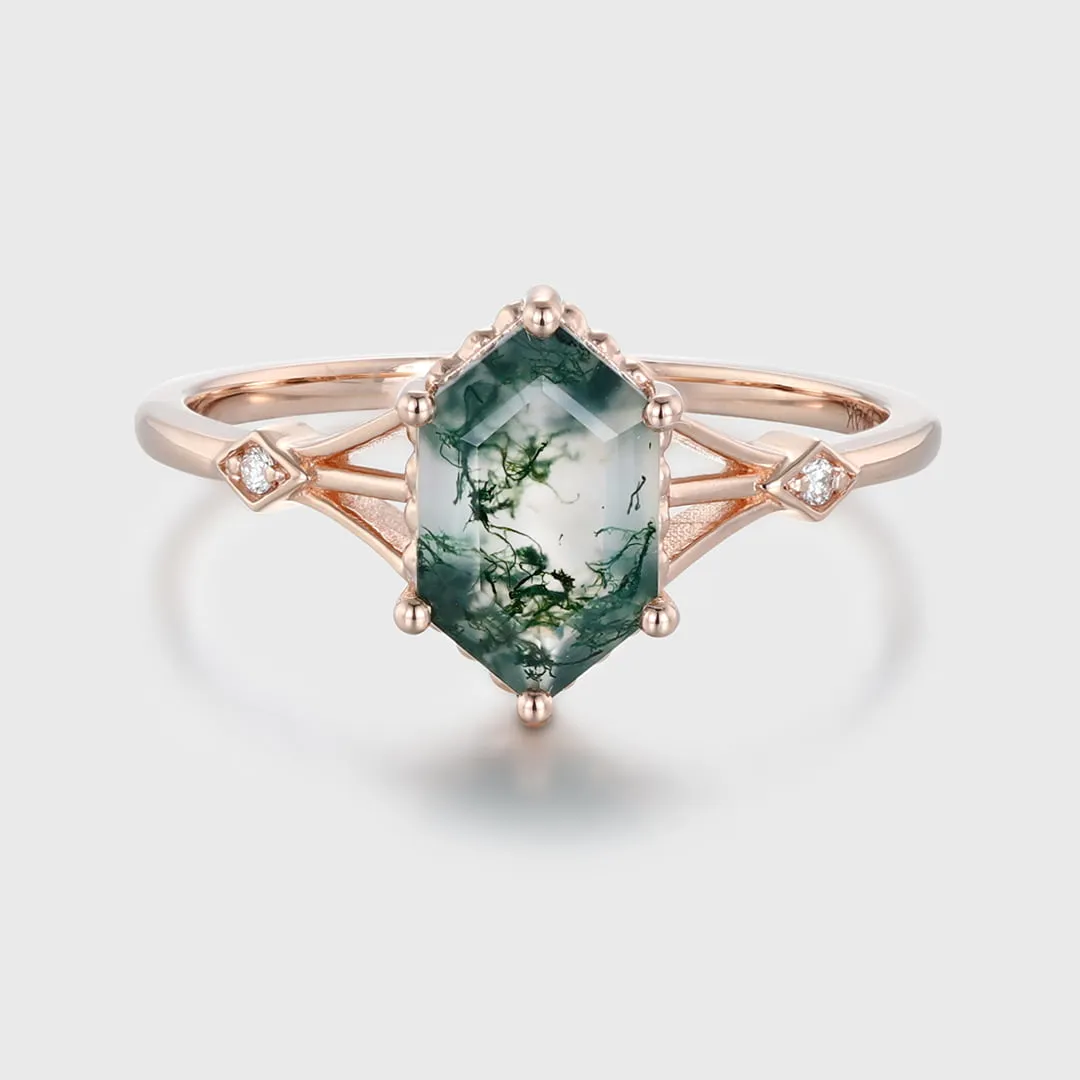 Unique Long Hexagon Cut Three-Stone Moss Agate Engagement Ring in Yellow Gold – Nature-Inspired Bridal or Promise Ring
