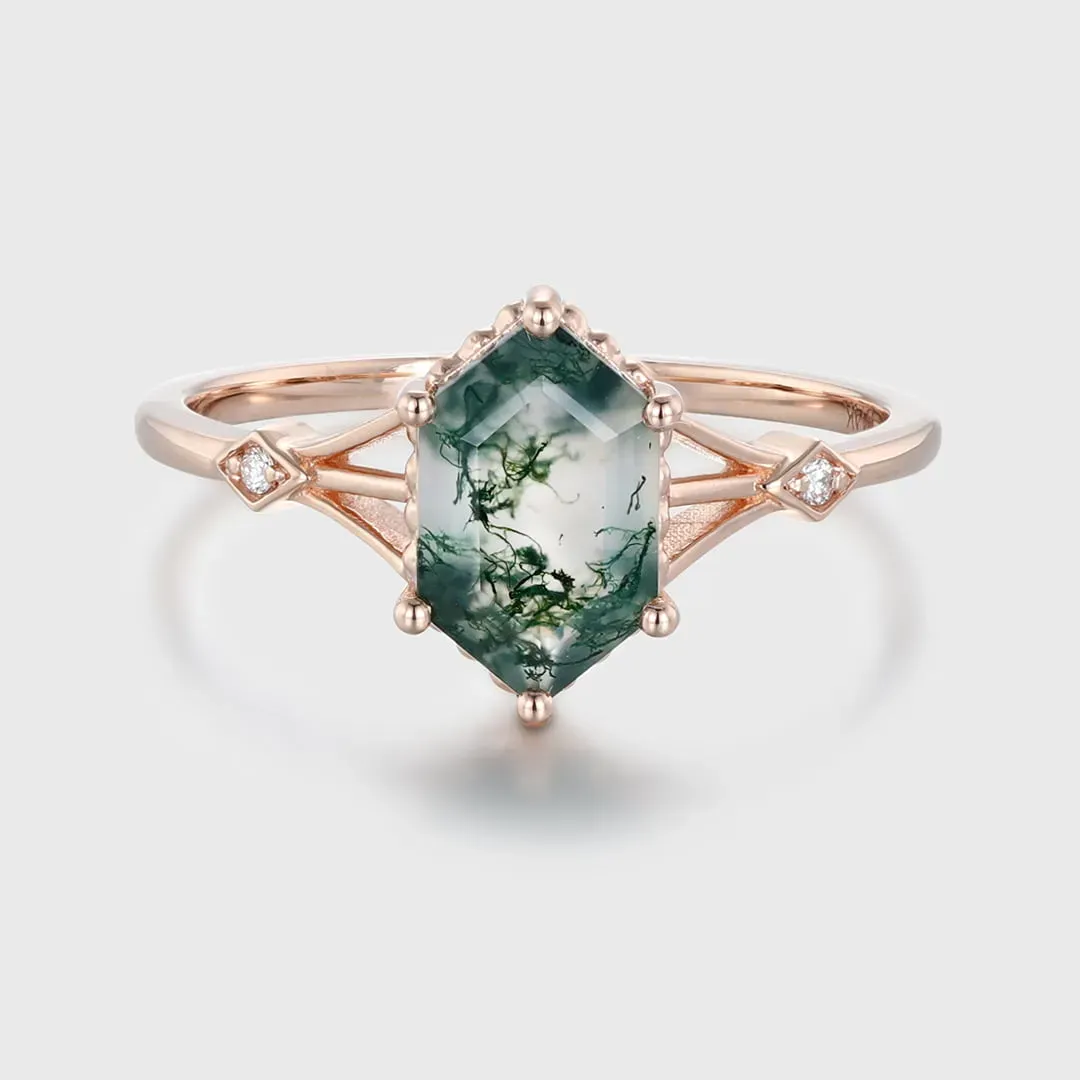 Unique Long Hexagon Cut Three-Stone Moss Agate Engagement Ring in Yellow Gold – Nature-Inspired Bridal or Promise Ring