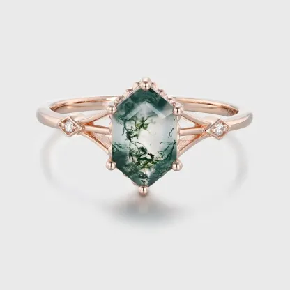Unique Long Hexagon Cut Three-Stone Moss Agate Engagement Ring in Yellow Gold – Nature-Inspired Bridal or Promise Ring