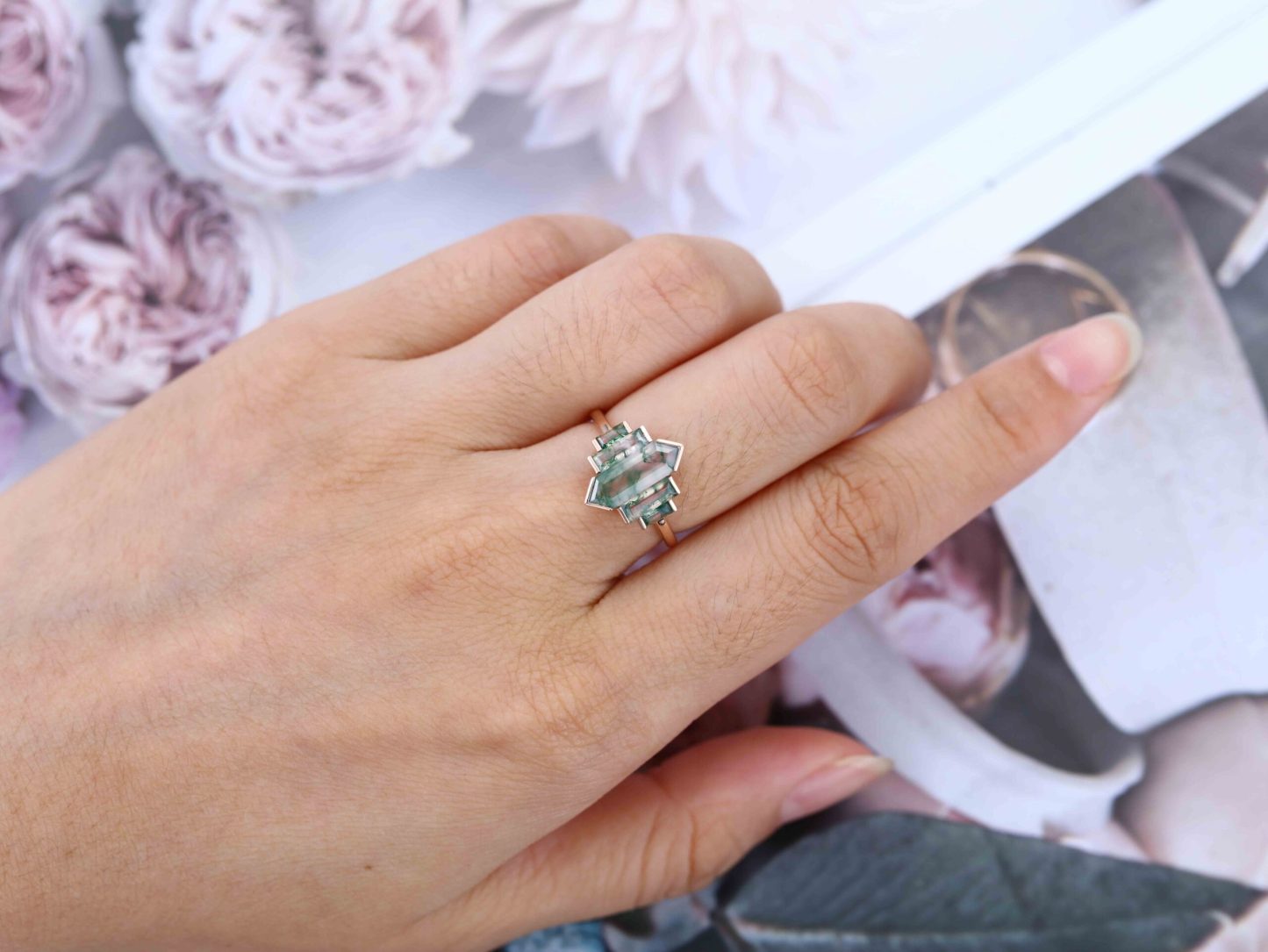 Unique Hexagon Natural Moss Agate Engagement Ring Cluster Baguette Engagement Ring 14K Rose Gold Bezel Set Art Deco Bridal Anniversary Gift
