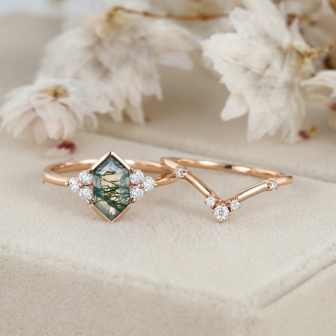 Unique Hexagon Natural Moss Agate engagement ring set Unique Rose gold Moissanite Diamond engagement ring Vintage Bridal Promise Anniversary