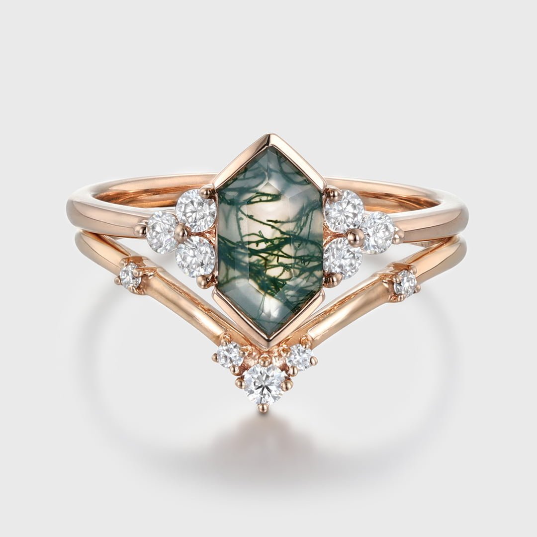 Unique Hexagon Natural Moss Agate engagement ring set Unique Rose gold Moissanite Diamond engagement ring Vintage Bridal Promise Anniversary