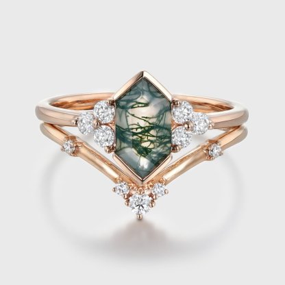 Unique Hexagon Natural Moss Agate engagement ring set Unique Rose gold Moissanite Diamond engagement ring Vintage Bridal Promise Anniversary