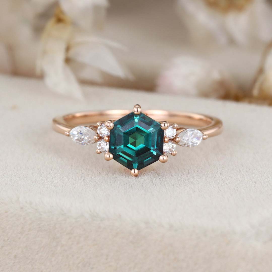 Unique Hexagon cut Alexandrite engagement ring vintage rose gold moissanite engagement ring women marquise cluster diamond ring bridal gift
