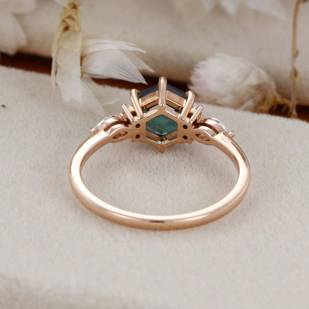 Unique Hexagon cut Alexandrite engagement ring vintage rose gold moissanite engagement ring women marquise cluster diamond ring bridal gift