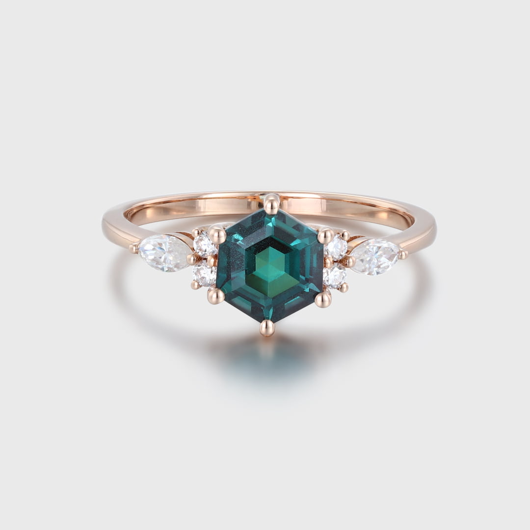 6mm Hexagon Cut Alexandrite Side Stones Marquise Cluster Moissanite Ring In 14k Rose Gold