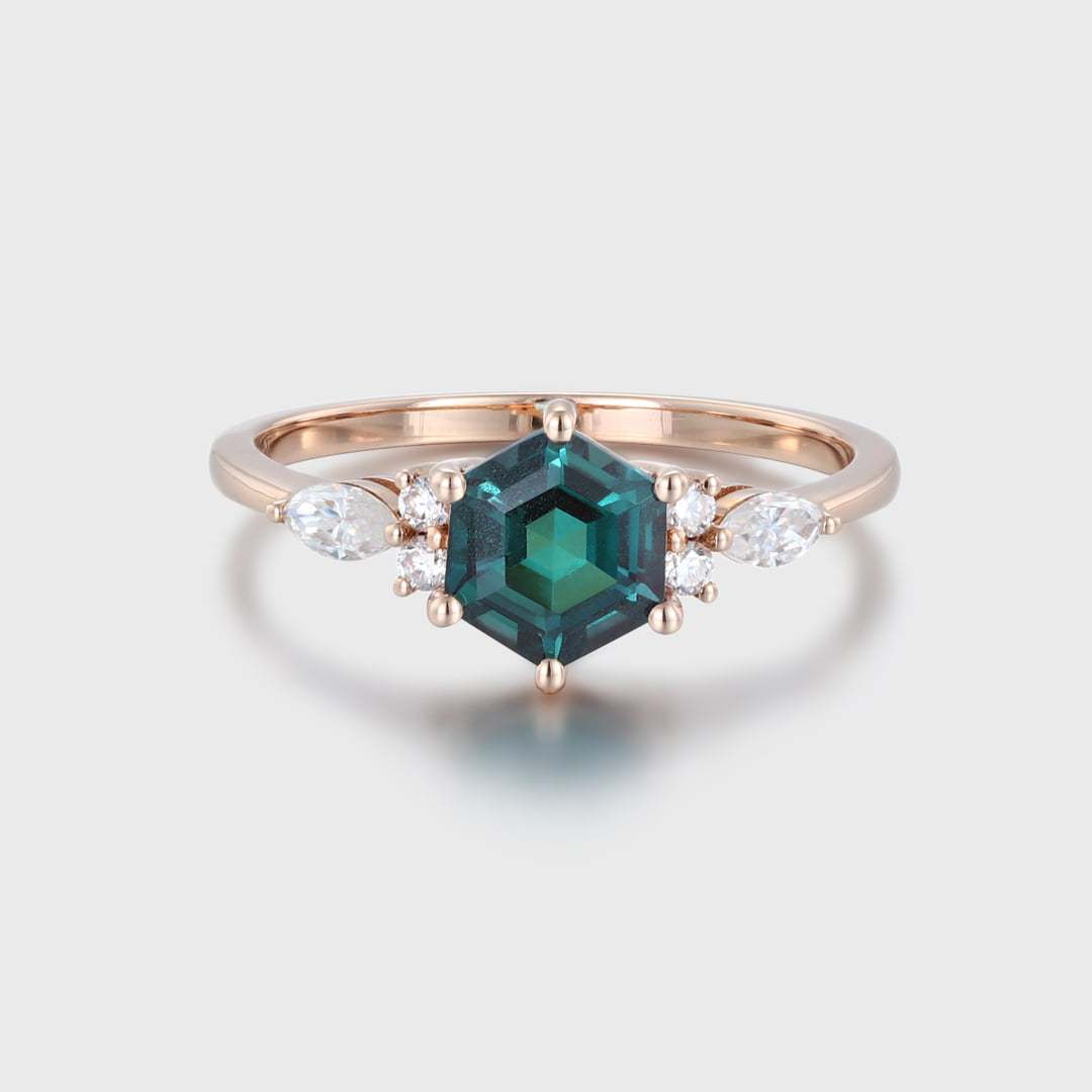 6mm Hexagon Cut Alexandrite Side Stones Marquise Cluster Moissanite Ring In 14k Rose Gold