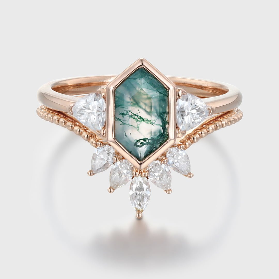 Unique Hexagon cut moss agate engagement ring set vantage 14K Rose gold marquise moissanite diamond curved wedding band Promise Anniversary
