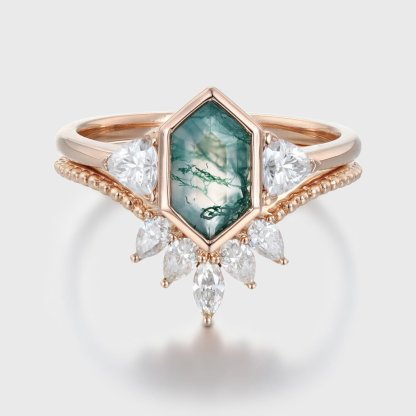 Unique Hexagon cut moss agate engagement ring set vantage 14K Rose gold marquise moissanite diamond curved wedding band Promise Anniversary