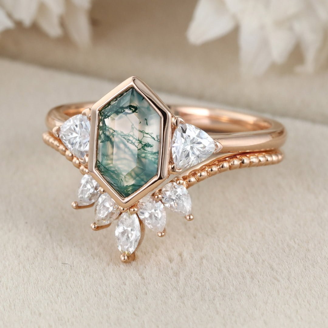 Unique Hexagon cut moss agate engagement ring set vantage 14K Rose gold marquise moissanite diamond curved wedding band Promise Anniversary
