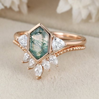 Unique Hexagon cut moss agate engagement ring set vantage 14K Rose gold marquise moissanite diamond curved wedding band Promise Anniversary