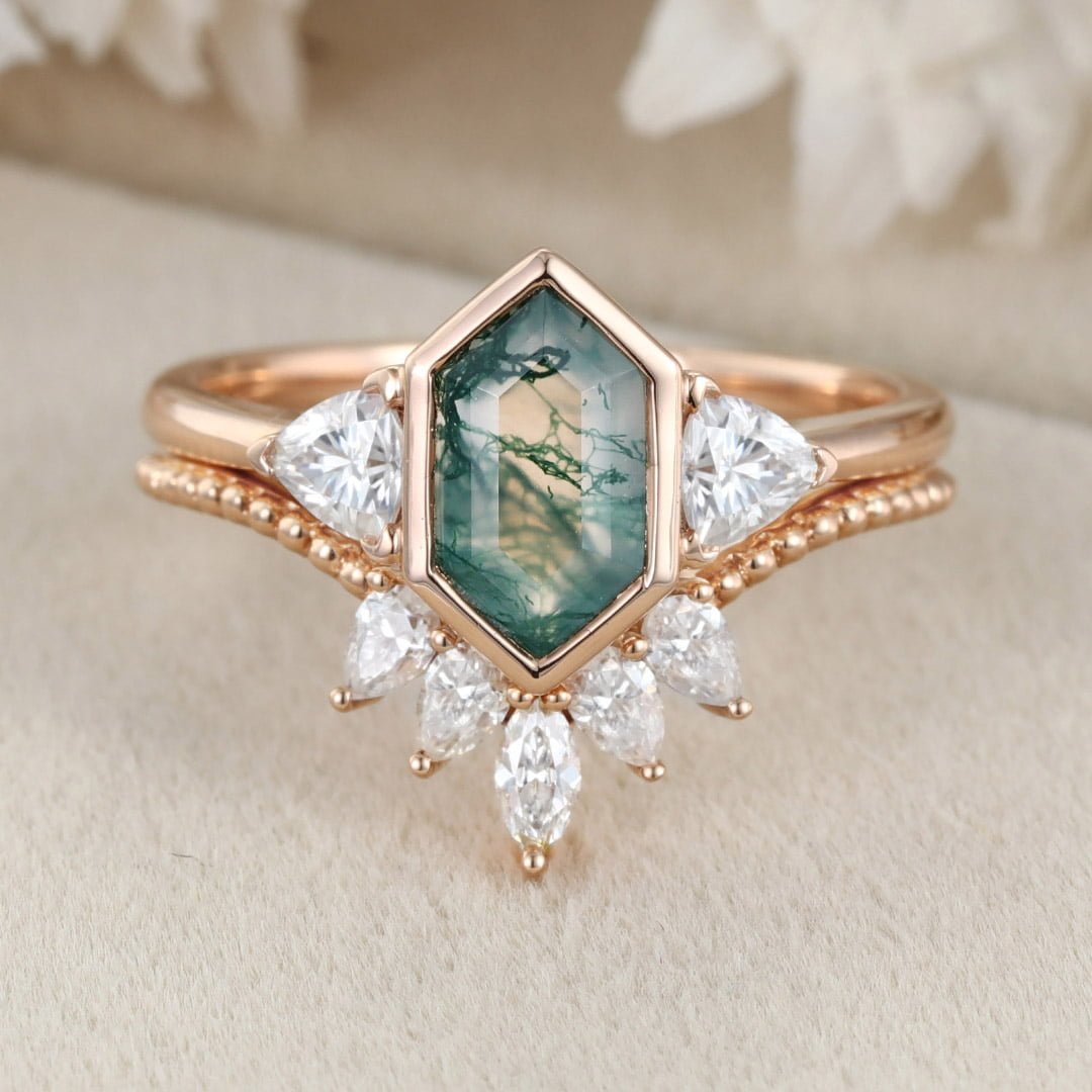 Unique Hexagon cut moss agate engagement ring set vantage 14K Rose gold marquise moissanite diamond curved wedding band Promise Anniversary