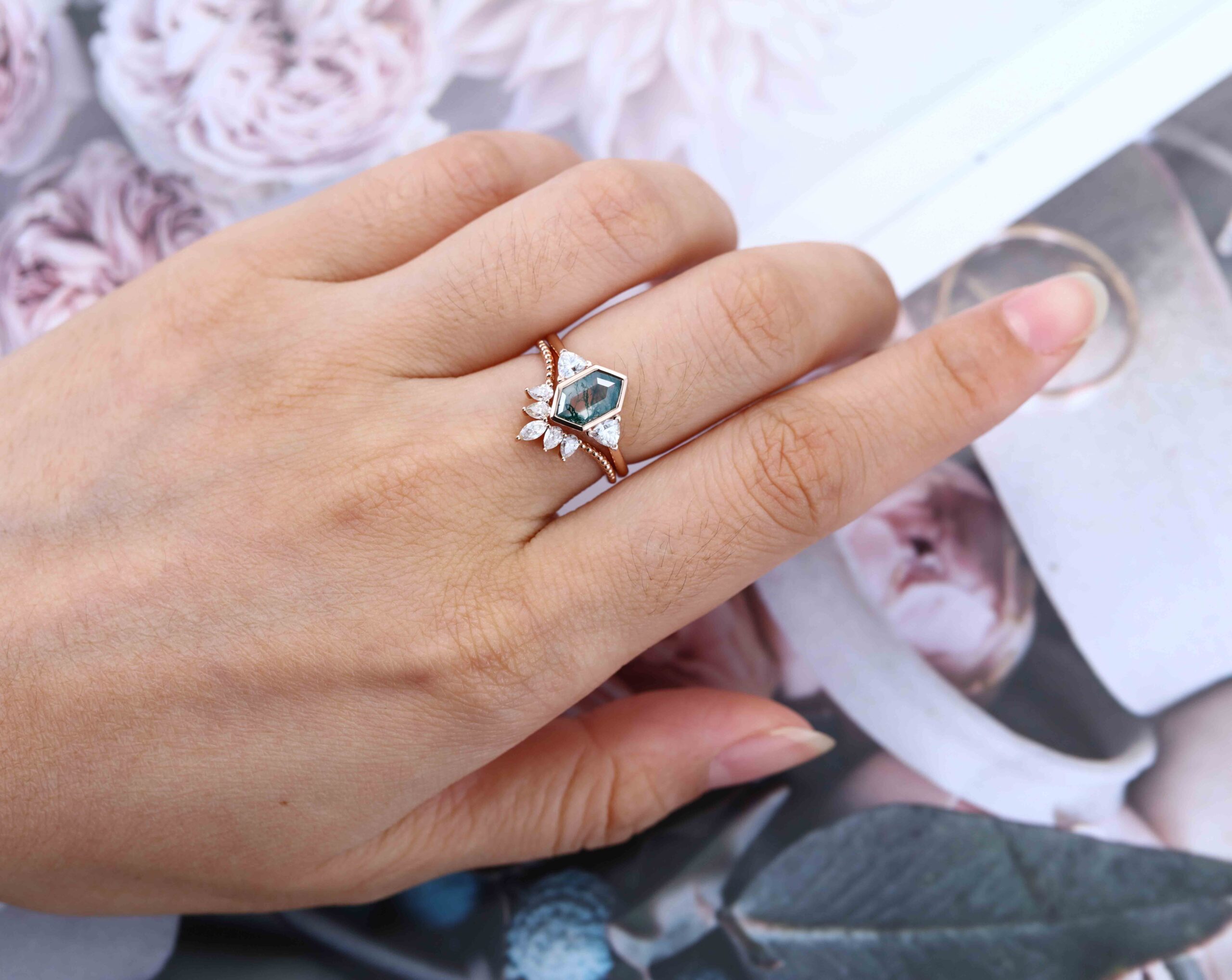 Unique Hexagon cut moss agate engagement ring set vantage 14K Rose gold marquise moissanite diamond curved wedding band Promise Anniversary