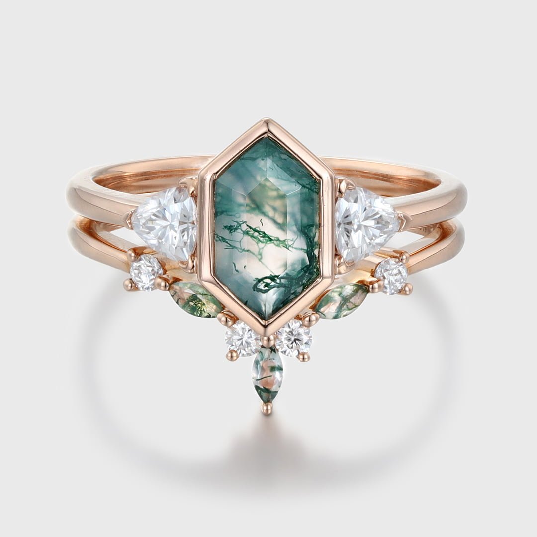 Unique Hexagon cut moss agate engagement ring set vintage Rose gold marquise moissanite diamond curved wedding band Promise Anniversary
