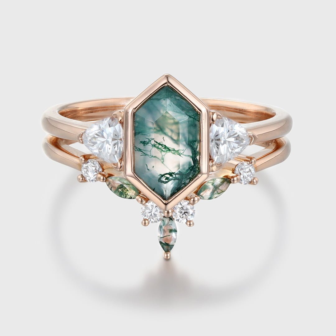 Unique Hexagon cut moss agate engagement ring set vintage Rose gold marquise moissanite diamond curved wedding band Promise Anniversary