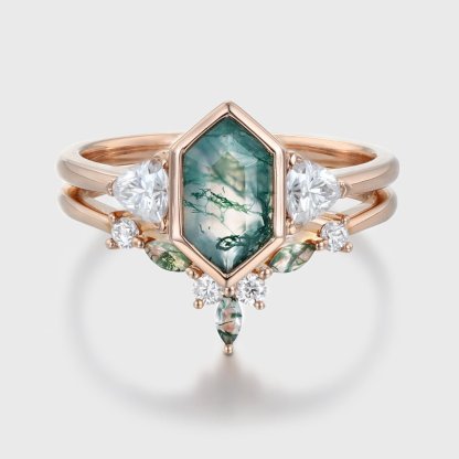 Unique Hexagon cut moss agate engagement ring set vintage Rose gold marquise moissanite diamond curved wedding band Promise Anniversary