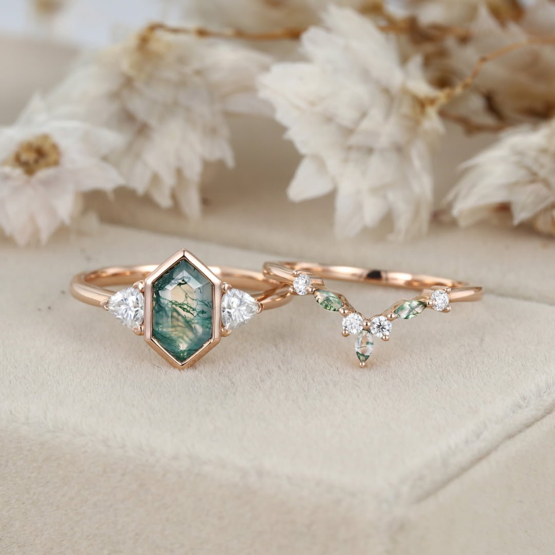 Unique Hexagon cut moss agate engagement ring set vintage Rose gold marquise moissanite diamond curved wedding band Promise Anniversary