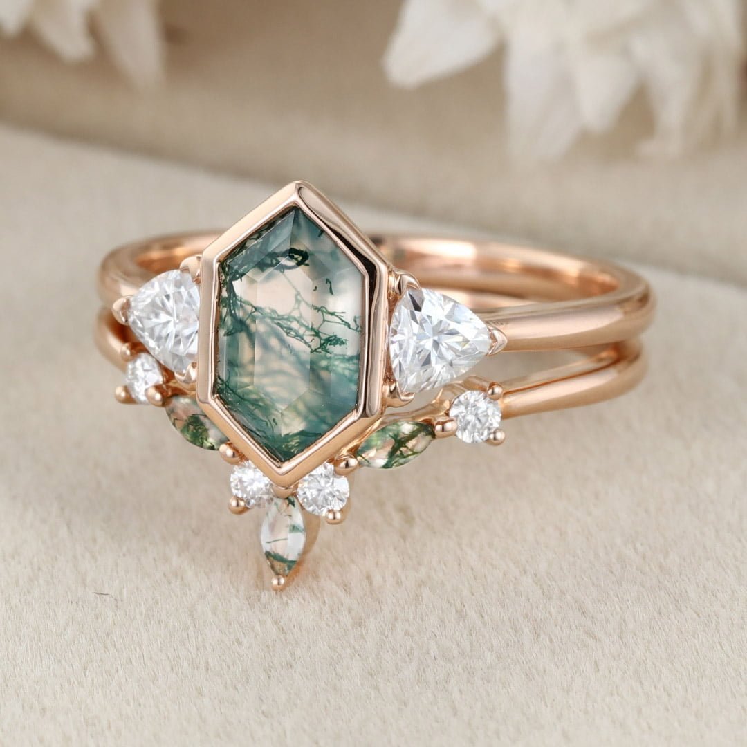 Unique Hexagon cut moss agate engagement ring set vintage Rose gold marquise moissanite diamond curved wedding band Promise Anniversary