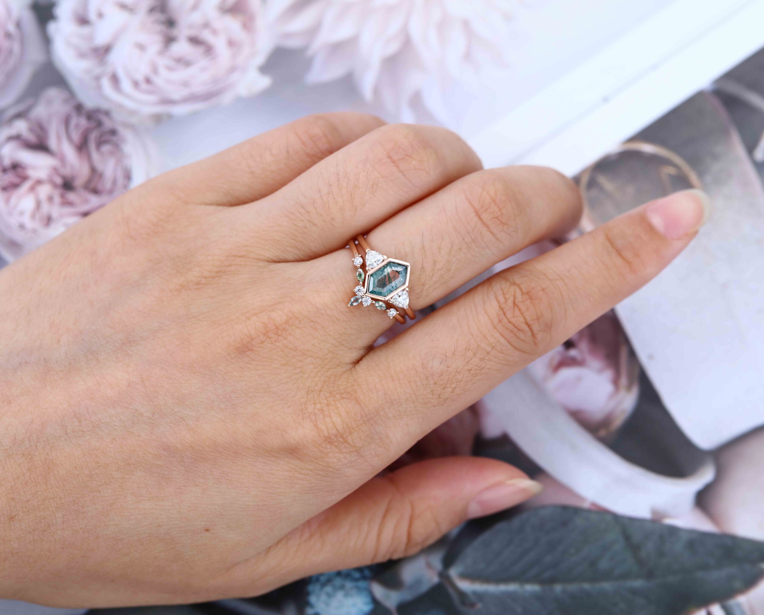 Unique Hexagon cut moss agate engagement ring set vintage Rose gold marquise moissanite diamond curved wedding band Promise Anniversary