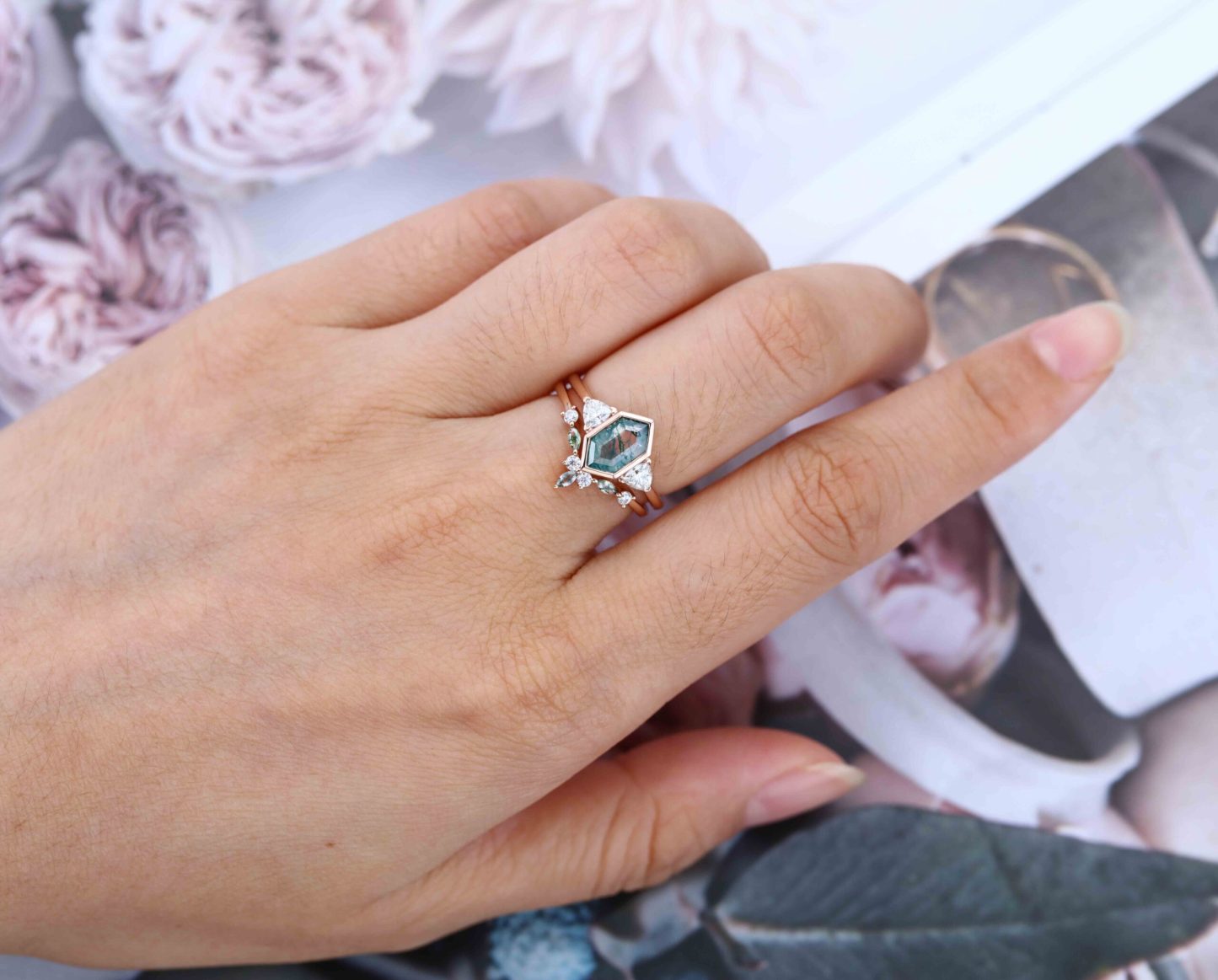 Unique Hexagon cut moss agate engagement ring set vintage Rose gold marquise moissanite diamond curved wedding band Promise Anniversary