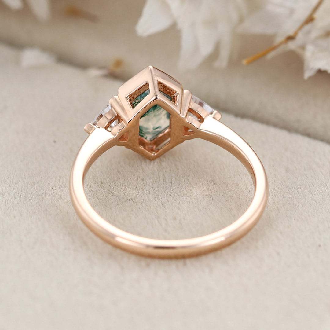 Unique Hexagon cut moss agate engagement ring vintage Rose gold moss agate engagement moissanite diamond wedding ring Promise Anniversary