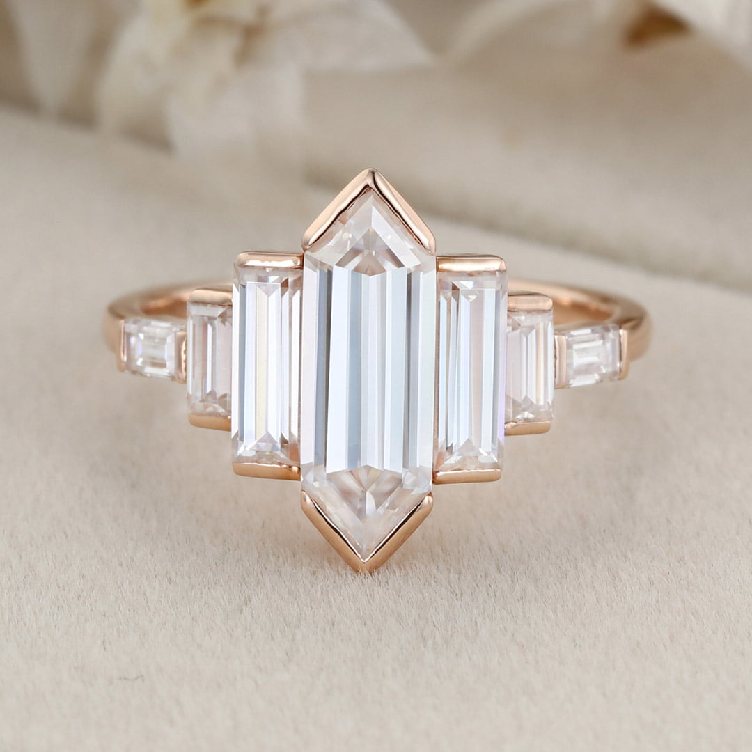 Bezel Set Art Deco Unique Hexagon Moissanite Engagement Ring In 14k Rose Gold
