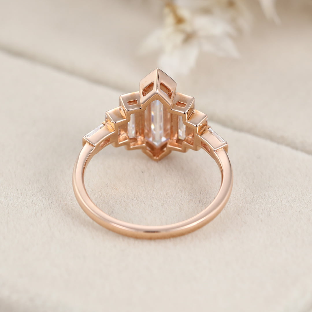Bezel Set Art Deco Unique Hexagon Moissanite Engagement Ring In 14k Rose Gold