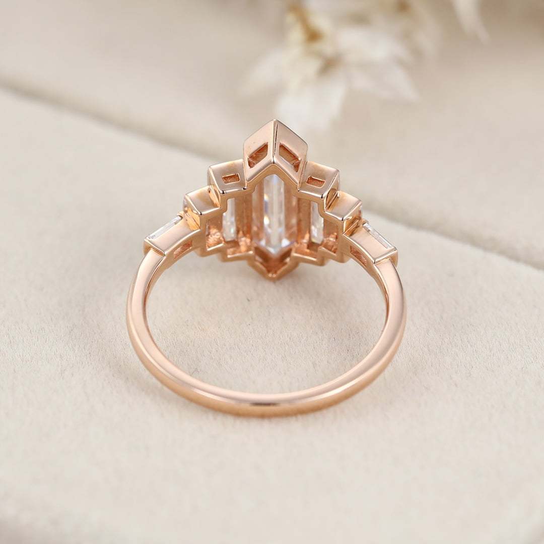 Bezel Set Art Deco Unique Hexagon Moissanite Engagement Ring In 14k Rose Gold