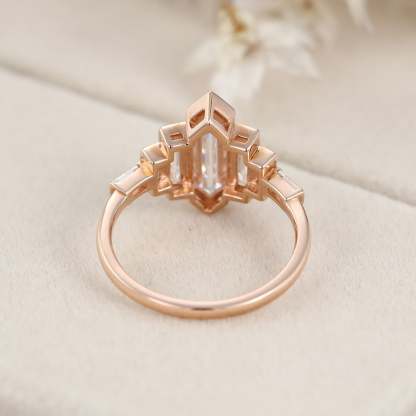 Bezel Set Art Deco Unique Hexagon Moissanite Engagement Ring In 14k Rose Gold