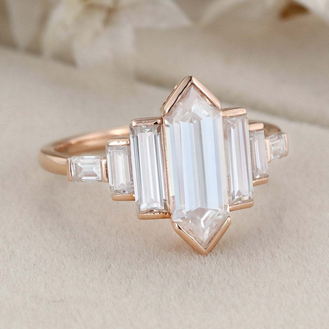 Bezel Set Art Deco Unique Hexagon Moissanite Engagement Ring In 14k Rose Gold