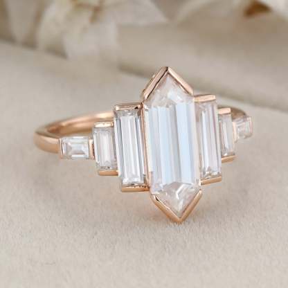 Bezel Set Art Deco Unique Hexagon Moissanite Engagement Ring In 14k Rose Gold
