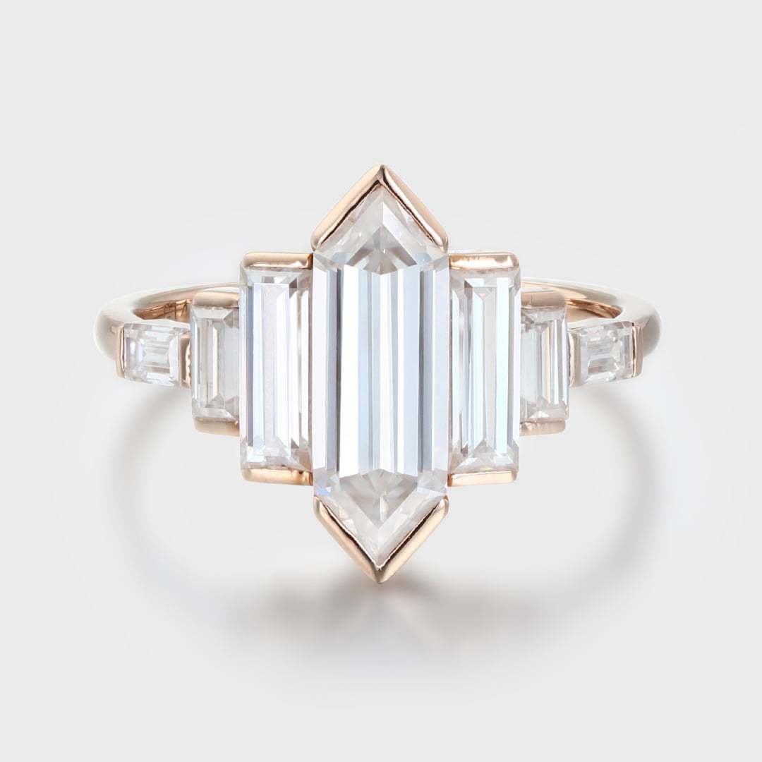 Bezel Set Art Deco Unique Hexagon Moissanite Engagement Ring In 14k Rose Gold