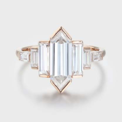 Bezel Set Art Deco Unique Hexagon Moissanite Engagement Ring In 14k Rose Gold