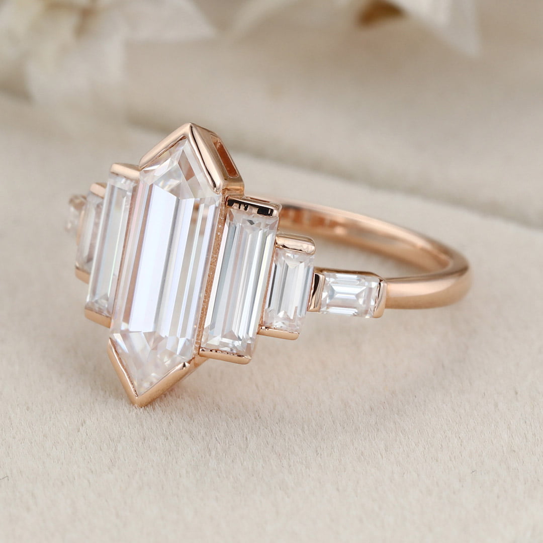 Bezel Set Art Deco Unique Hexagon Moissanite Engagement Ring In 14k Rose Gold