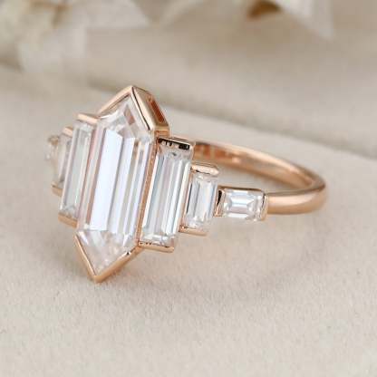 Bezel Set Art Deco Unique Hexagon Moissanite Engagement Ring In 14k Rose Gold