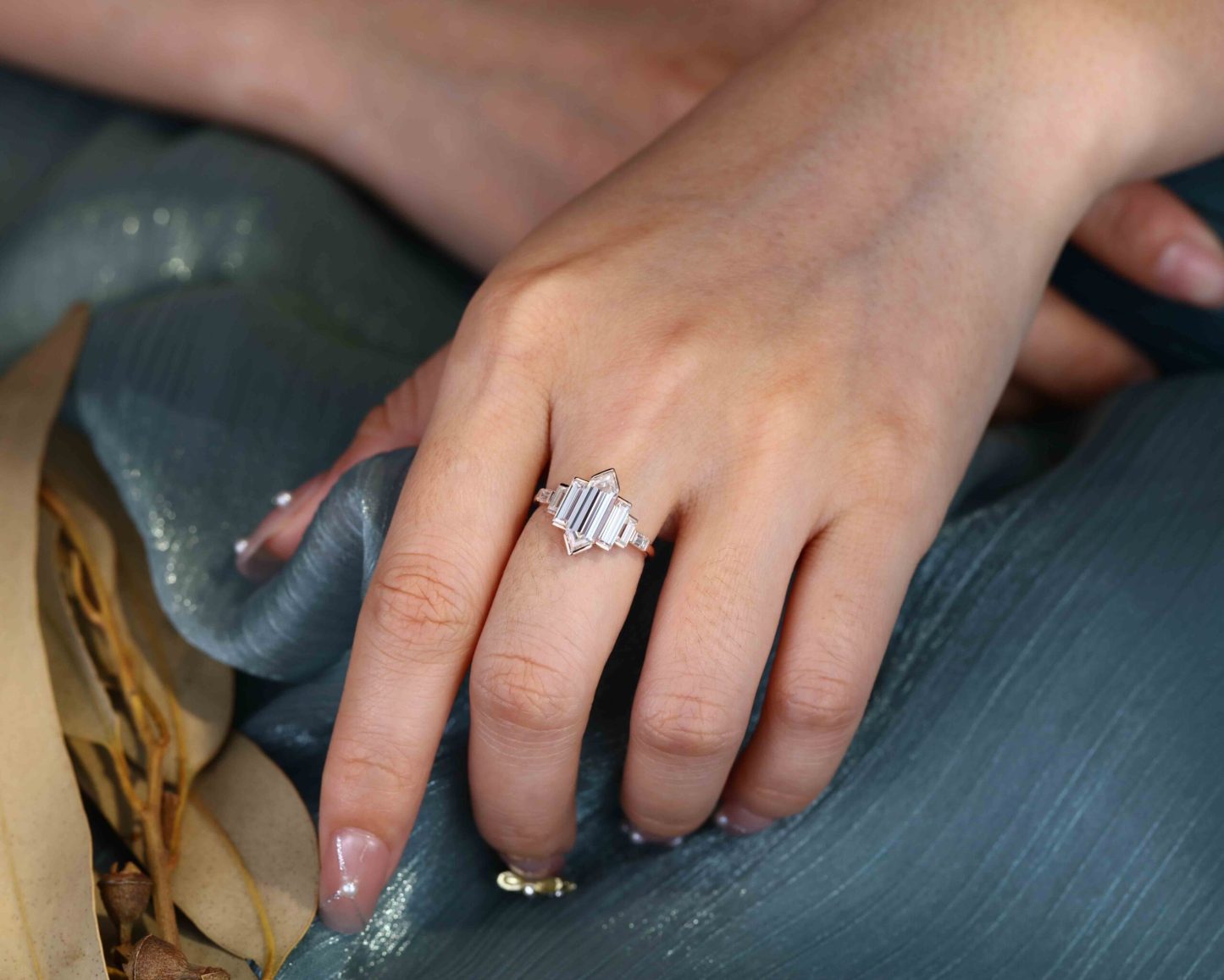 Bezel Set Art Deco Unique Hexagon Moissanite Engagement Ring In 14k Rose Gold