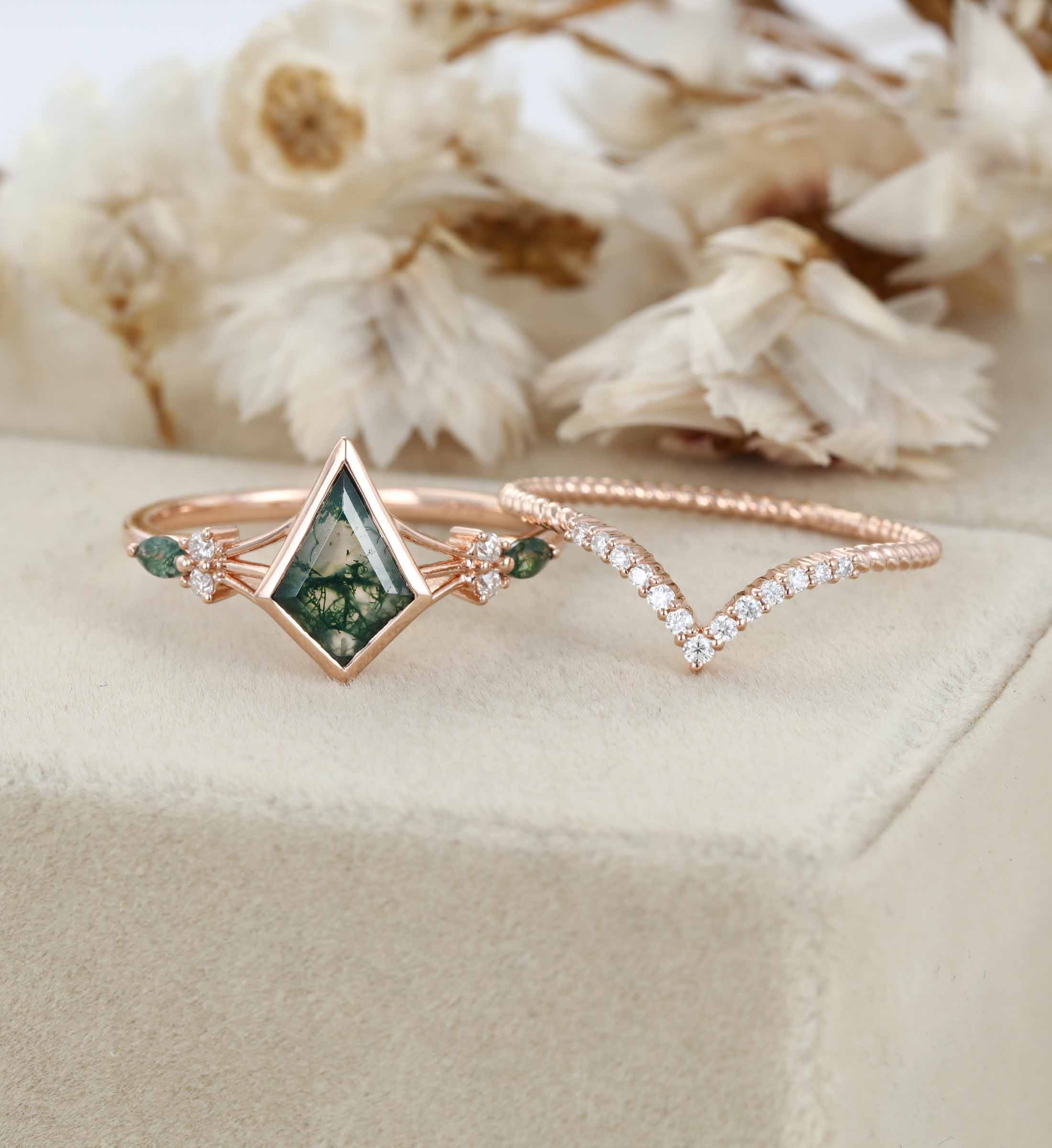 Unique Kite Cut Green Moss Agate Engagement Ring Set 14k Rose Gold Moissanite Wedding Ring Set Gift