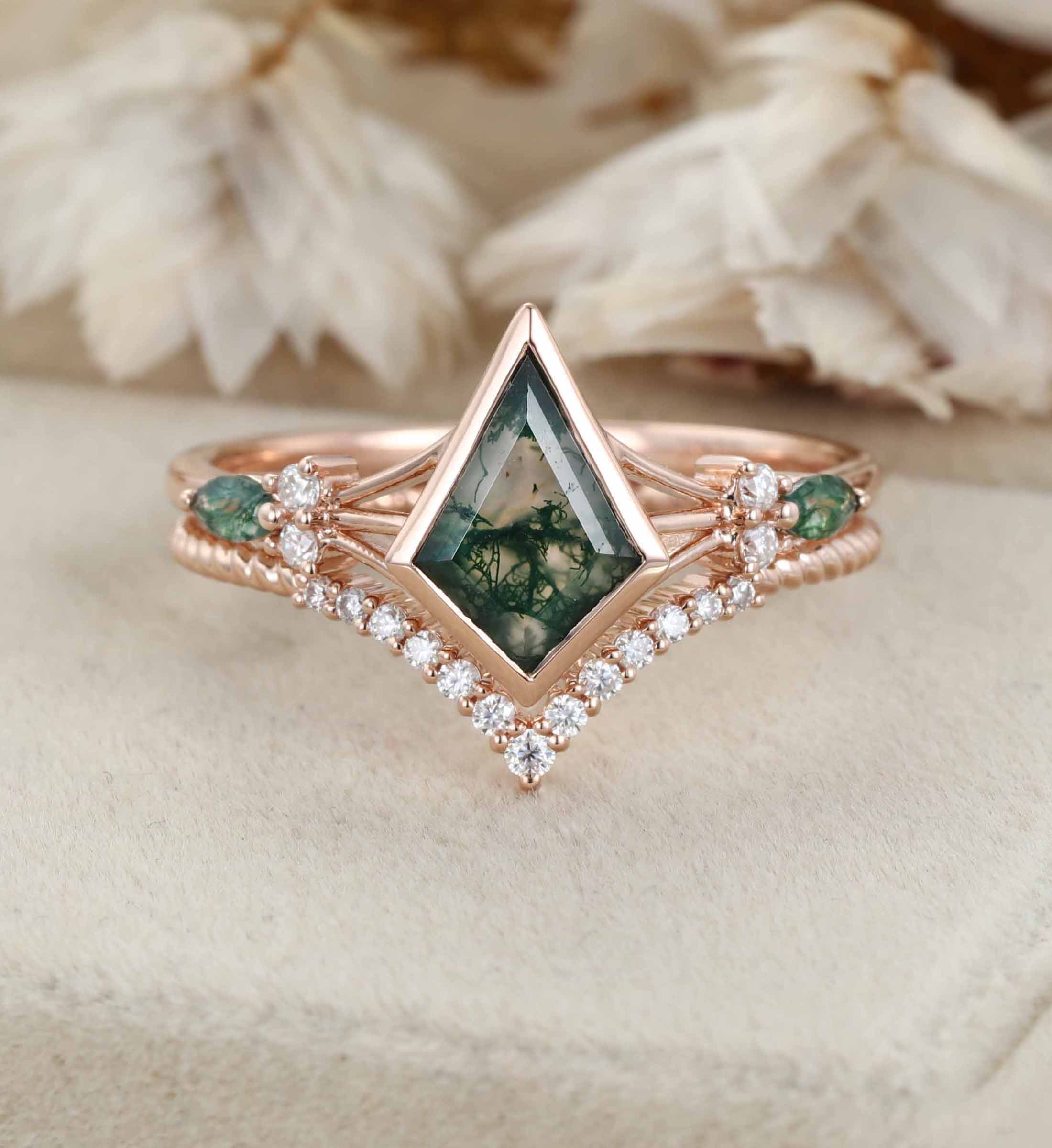 Unique Kite Cut Green Moss Agate Engagement Ring Set 14k Rose Gold Moissanite Wedding Ring Set Gift