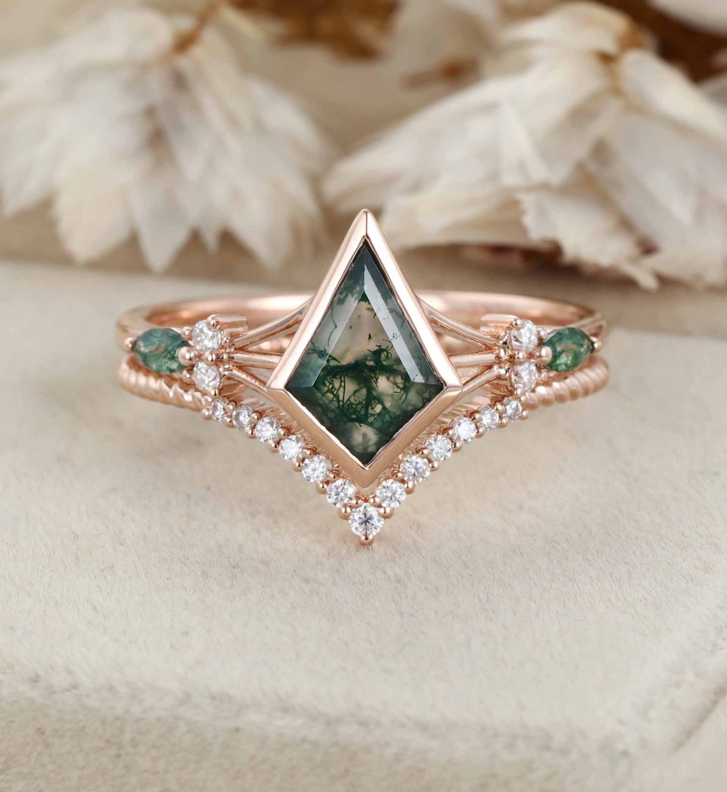 Unique Kite Cut Green Moss Agate Engagement Ring Set 14k Rose Gold Moissanite Wedding Ring Set Gift