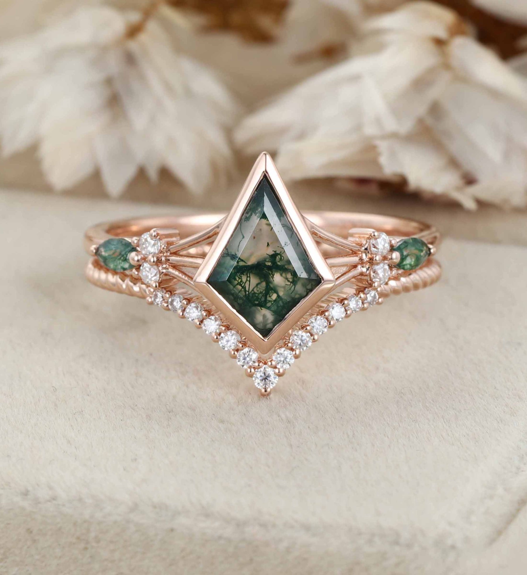 Unique Kite Cut Green Moss Agate Engagement Ring Set 14k Rose Gold Moissanite Wedding Ring Set Gift