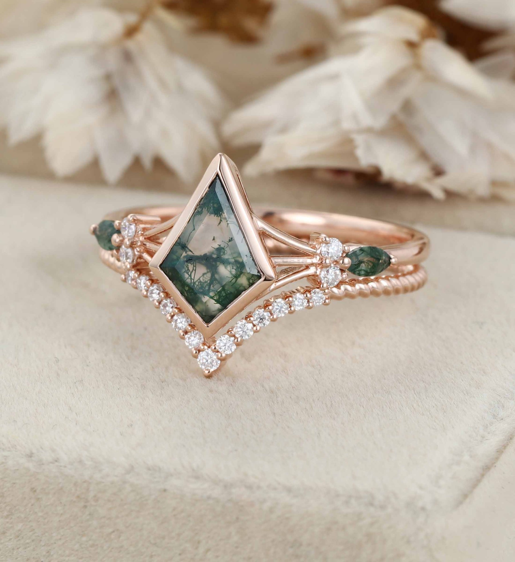 Unique Kite Cut Green Moss Agate Engagement Ring Set 14k Rose Gold Moissanite Wedding Ring Set Gift