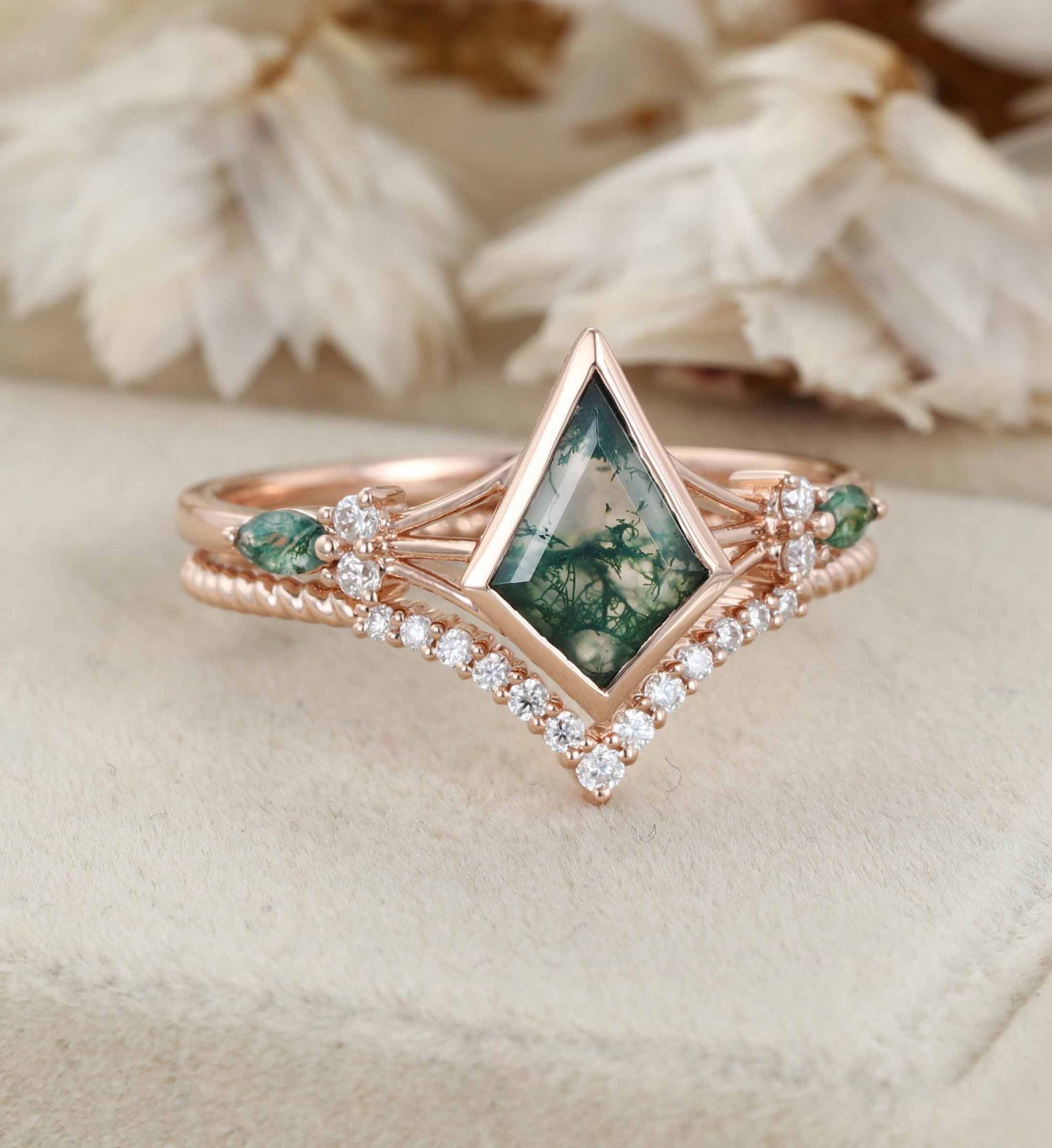 Unique Kite Cut Green Moss Agate Engagement Ring Set 14k Rose Gold Moissanite Wedding Ring Set Gift